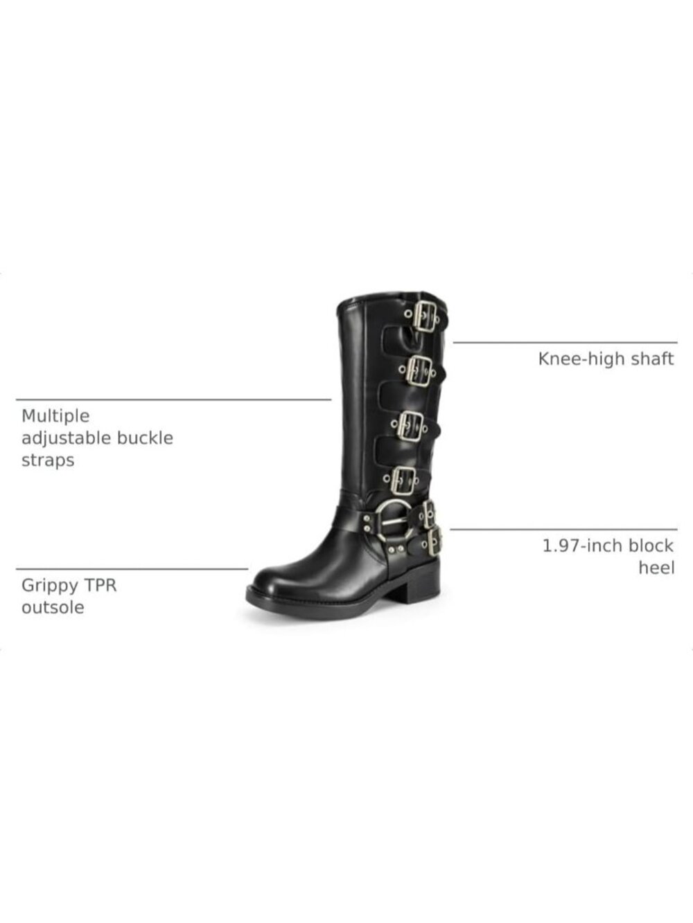 Women's Black Faux Leather Adjustable Buckles Low Chunky Heel Knee High Boots - Picture 3 of 6